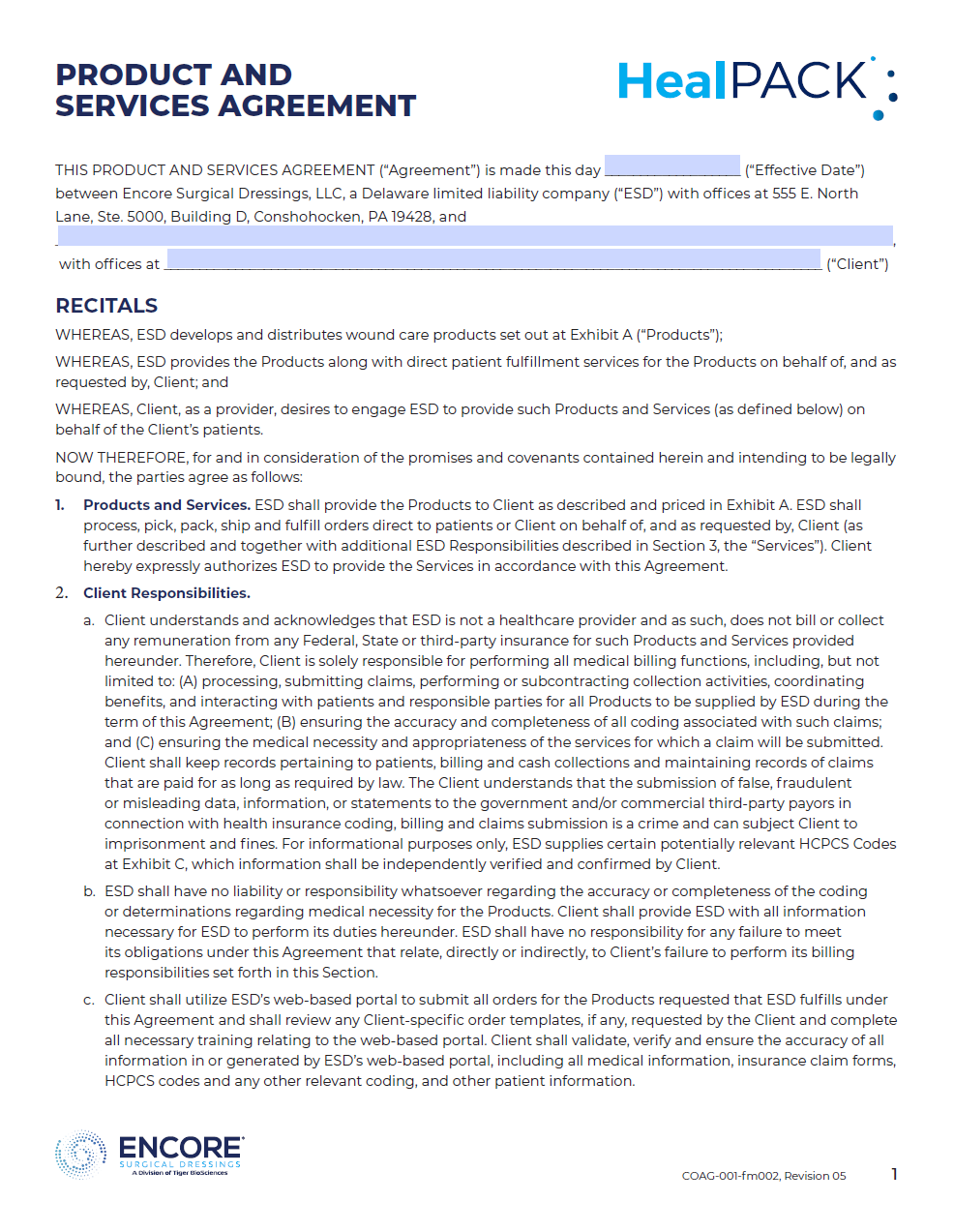 HealPACK Product & Services Agreement