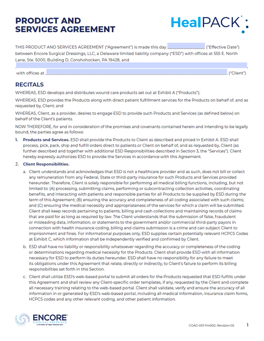 HealPACK Product & Services Agreement